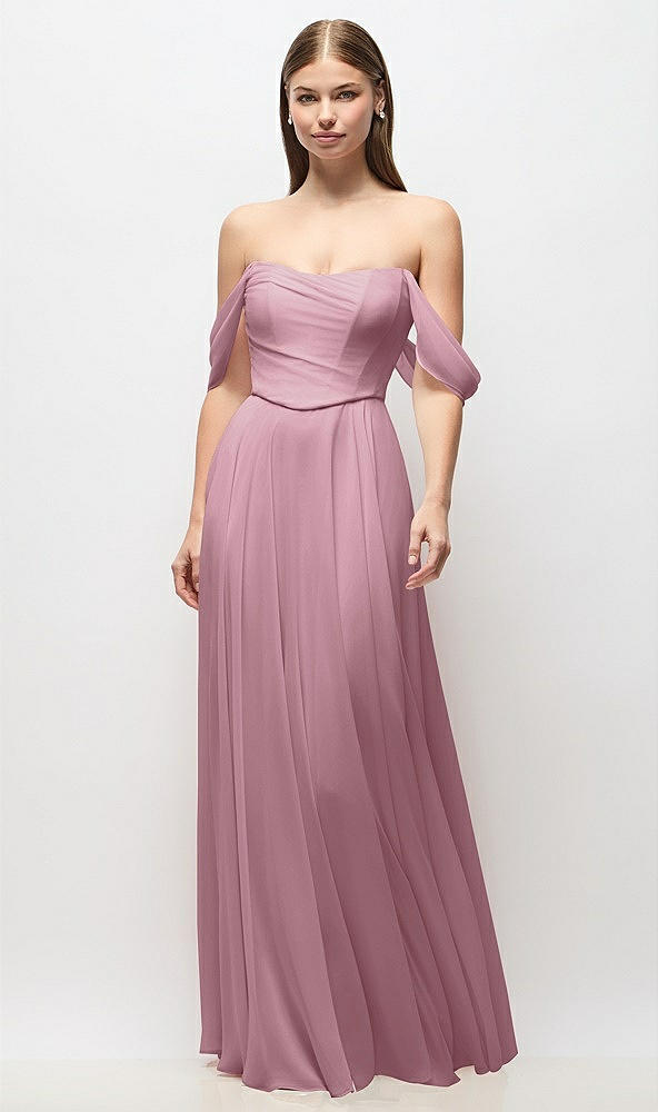 Front View - Dusty Pink Off-the-Shoulder Basque Corset Chiffon Maxi Dress