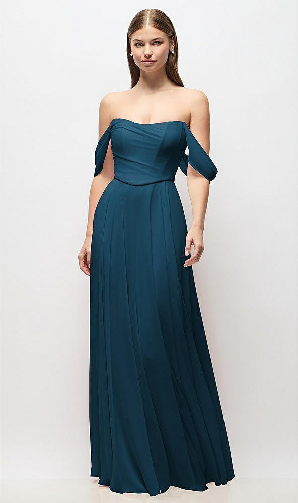 Front View - Atlantic Blue Off-the-Shoulder Basque Corset Chiffon Maxi Dress