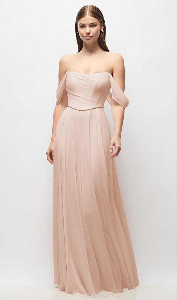 Front View - Cameo Off-the-Shoulder Basque Corset Chiffon Maxi Dress
