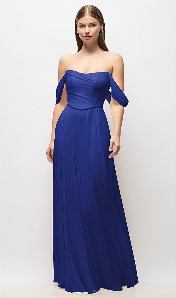 Front View - Cobalt Blue Off-the-Shoulder Basque Corset Chiffon Maxi Dress