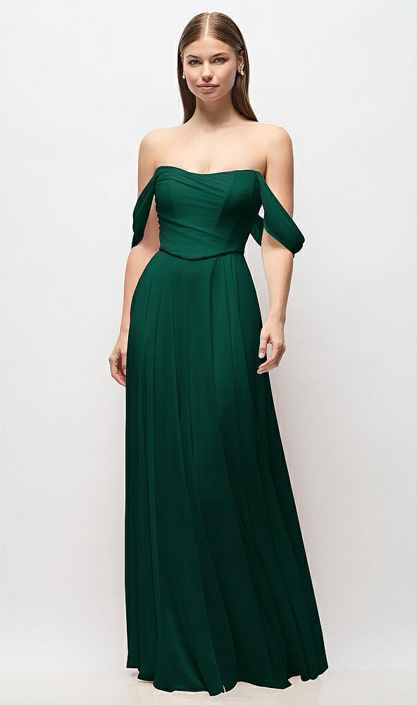 Front View - Hunter Green Off-the-Shoulder Basque Corset Chiffon Maxi Dress