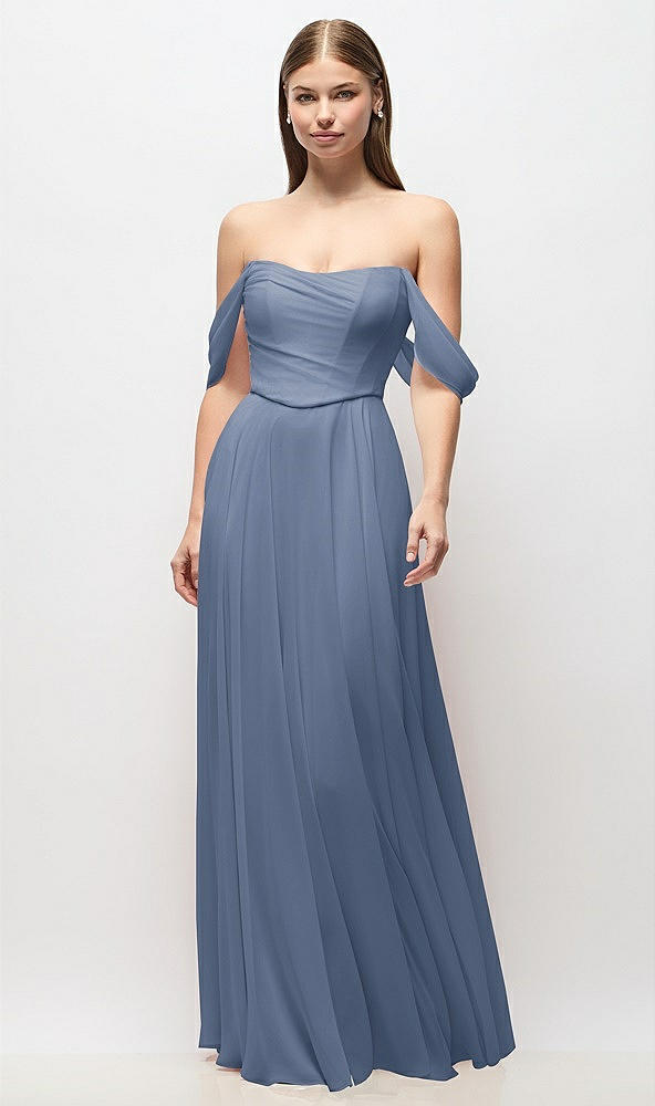 Front View - Larkspur Blue Off-the-Shoulder Basque Corset Chiffon Maxi Dress