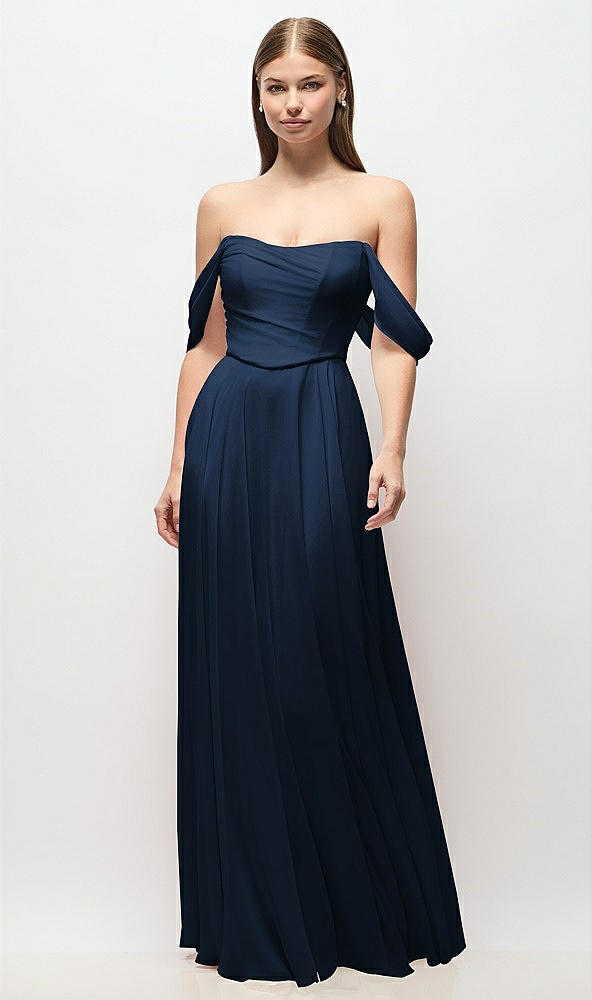 Front View - Midnight Navy Off-the-Shoulder Basque Corset Chiffon Maxi Dress