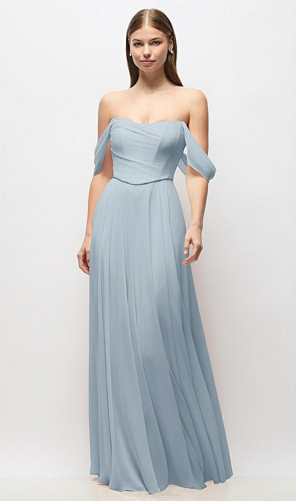 Front View - Mist Off-the-Shoulder Basque Corset Chiffon Maxi Dress