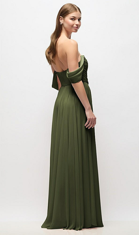 Back View - Olive Green Off-the-Shoulder Basque Corset Chiffon Maxi Dress