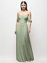 Front View Thumbnail - Sage Off-the-Shoulder Basque Corset Chiffon Maxi Dress