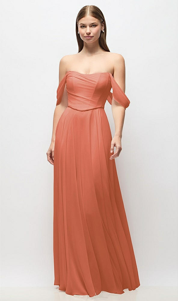 Front View - Terracotta Copper Off-the-Shoulder Basque Corset Chiffon Maxi Dress