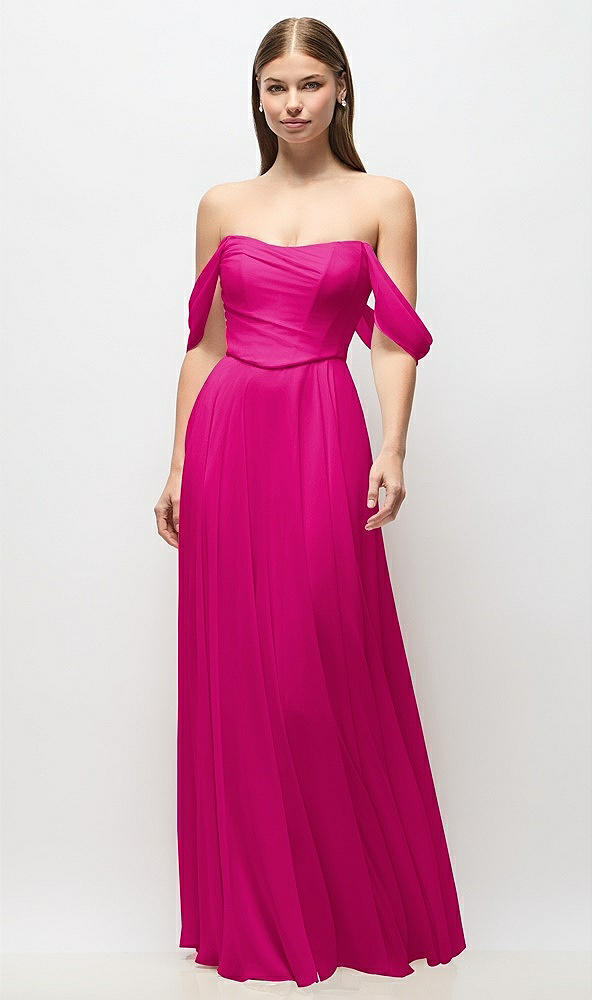 Front View - Think Pink Off-the-Shoulder Basque Corset Chiffon Maxi Dress