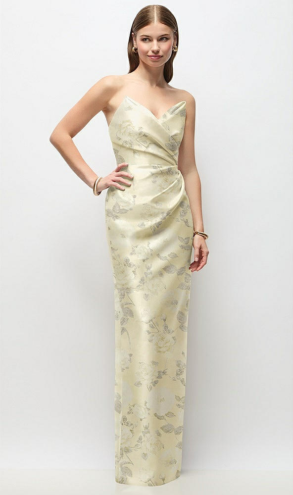 Front View - Butter Yellow Floral Strapless Asymmetrical Draped Satin Column Floral Maxi Dress