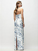 Rear View Thumbnail - Cottage Rose Larkspur Strapless Asymmetrical Draped Satin Column Floral Maxi Dress