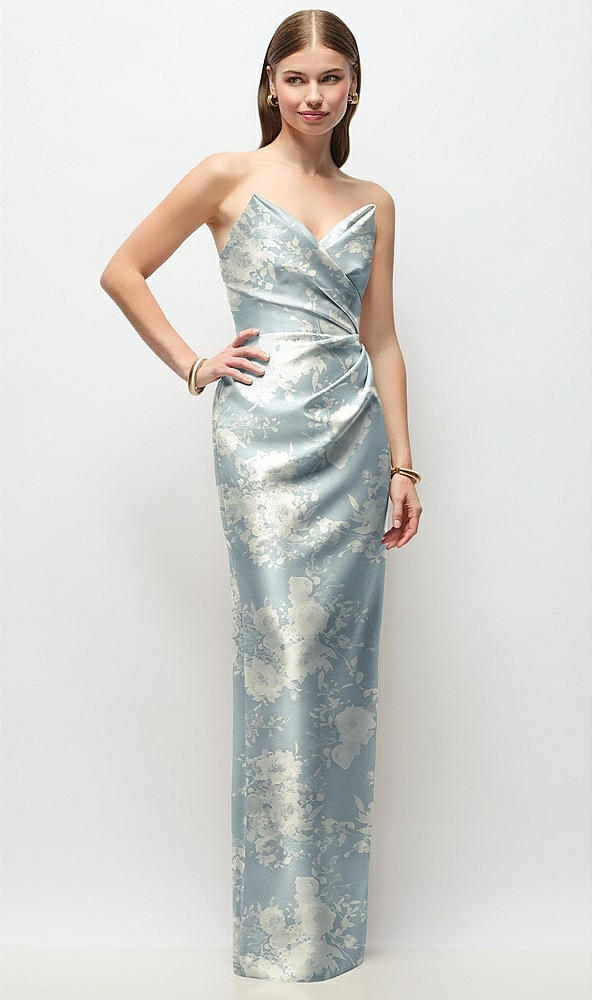 Front View - Porcelain Blue Seraphina Floral Strapless Asymmetrical Draped Satin Column Floral Maxi Dress