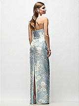 Rear View Thumbnail - Porcelain Blue Seraphina Floral Strapless Asymmetrical Draped Satin Column Floral Maxi Dress