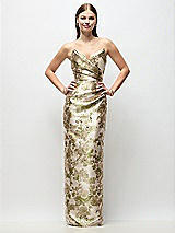 Front View Thumbnail - Peridot Blush Strapless Asymmetrical Draped Abstract Floral Jacquard Column Maxi Dress