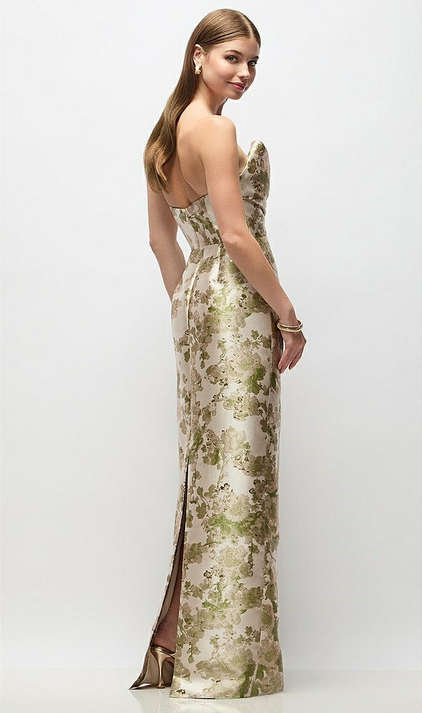 Back View - Peridot Blush Strapless Asymmetrical Draped Abstract Floral Jacquard Column Maxi Dress