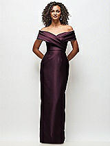 Front View Thumbnail - Deep Plum Draped Wrap Off-the-Shoulder Satin Column Floral Maxi Dress