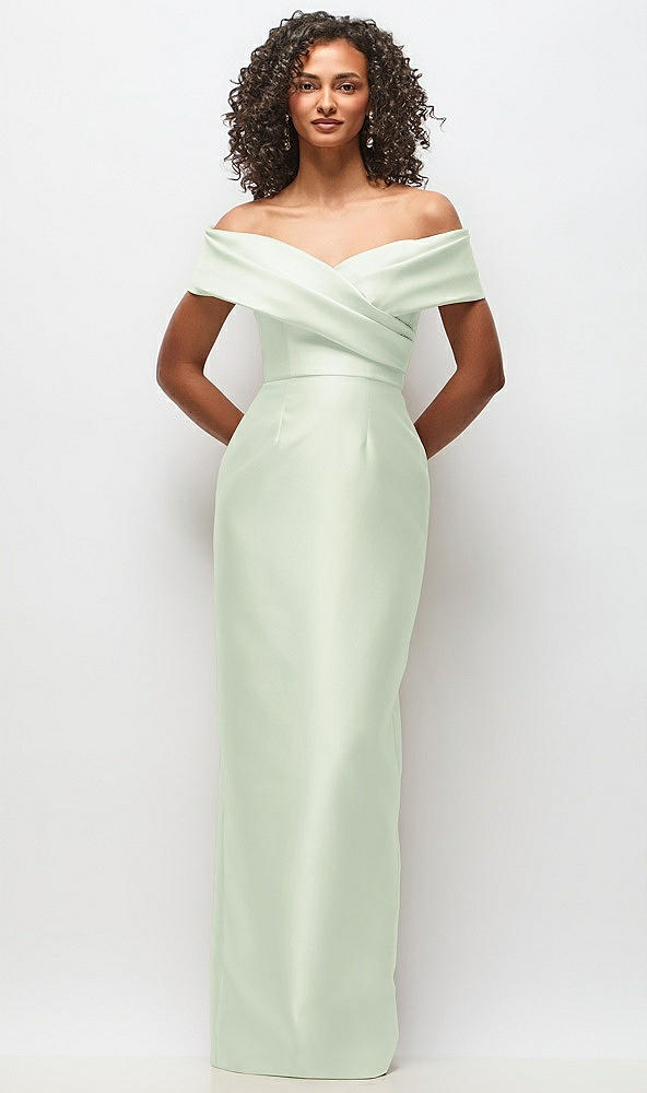 Front View - Mint Green Draped Wrap Off-the-Shoulder Satin Column Floral Maxi Dress