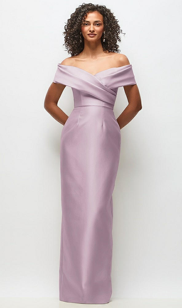 Front View - Suede Rose Draped Wrap Off-the-Shoulder Satin Column Floral Maxi Dress