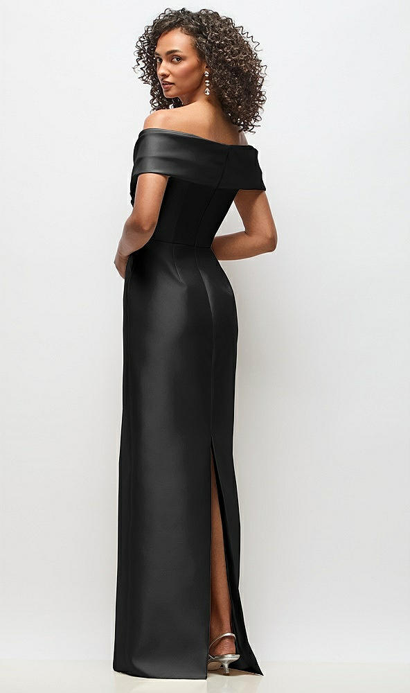 Back View - Black Draped Wrap Off-the-Shoulder Satin Column Floral Maxi Dress
