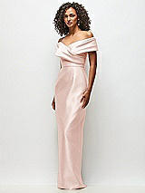 Side View Thumbnail - Blush Draped Wrap Off-the-Shoulder Satin Column Floral Maxi Dress