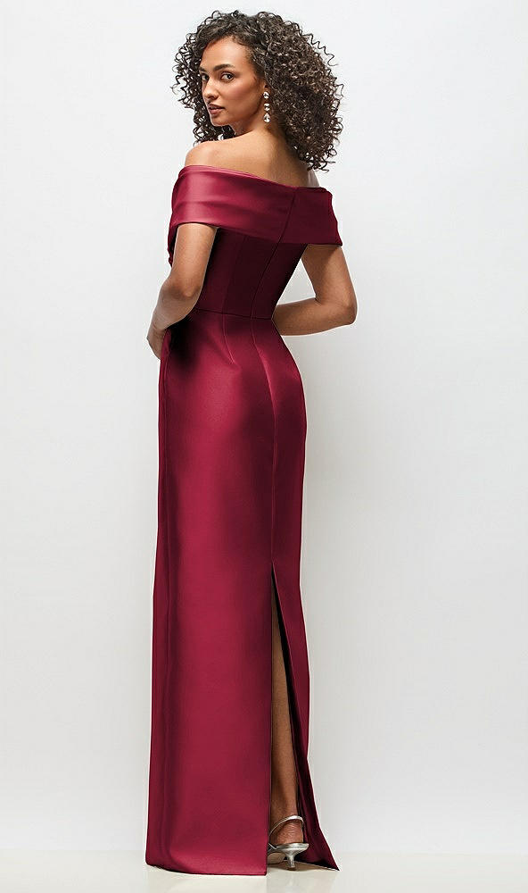Back View - Burgundy Draped Wrap Off-the-Shoulder Satin Column Floral Maxi Dress