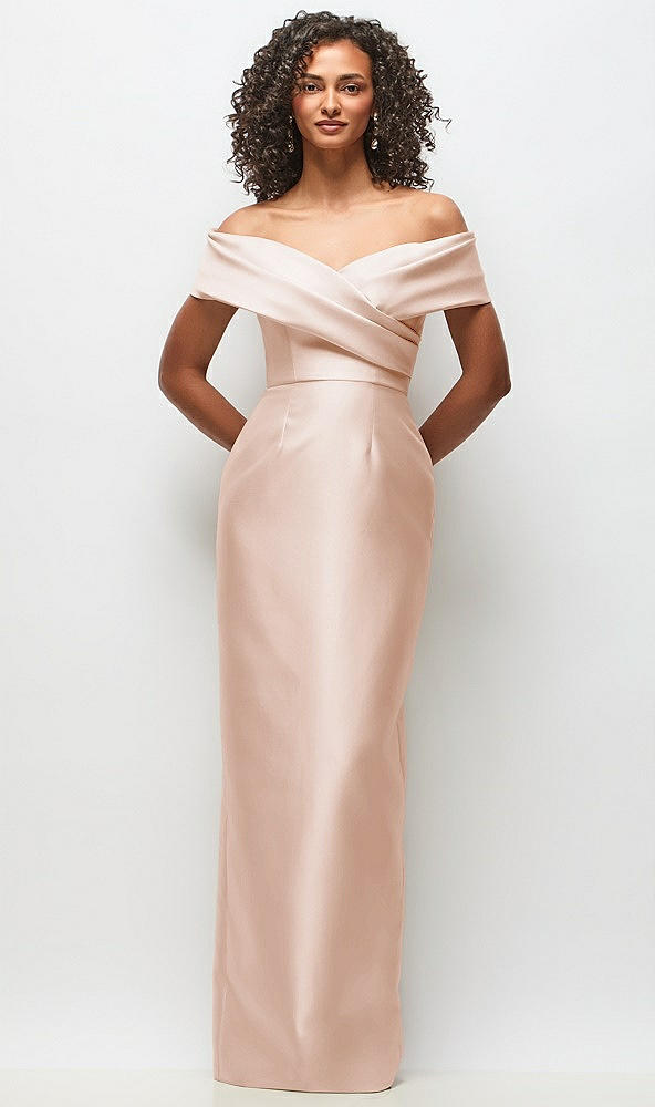 Front View - Cameo Draped Wrap Off-the-Shoulder Satin Column Floral Maxi Dress