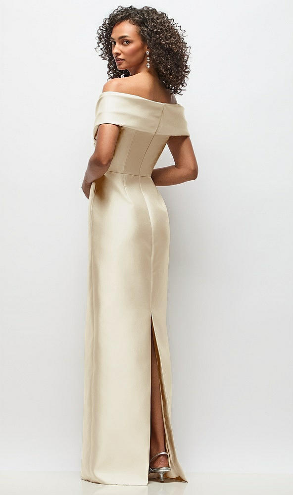 Back View - Champagne Draped Wrap Off-the-Shoulder Satin Column Floral Maxi Dress