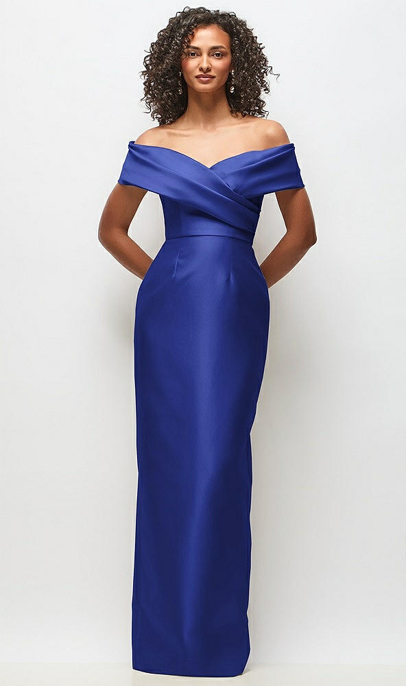 Front View - Cobalt Blue Draped Wrap Off-the-Shoulder Satin Column Floral Maxi Dress