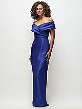 Side View Thumbnail - Cobalt Blue Draped Wrap Off-the-Shoulder Satin Column Floral Maxi Dress