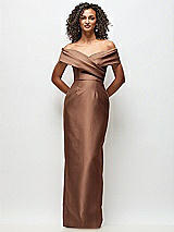 Front View Thumbnail - Cognac Draped Wrap Off-the-Shoulder Satin Column Floral Maxi Dress