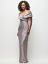 Side View Thumbnail - Cashmere Gray Draped Wrap Off-the-Shoulder Satin Column Floral Maxi Dress