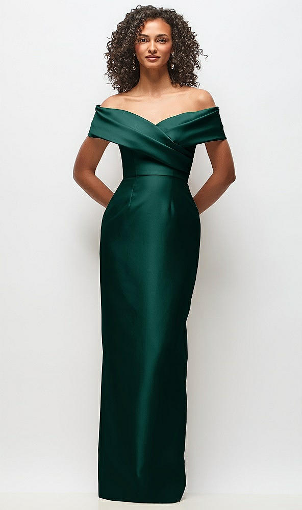 Front View - Evergreen Draped Wrap Off-the-Shoulder Satin Column Floral Maxi Dress