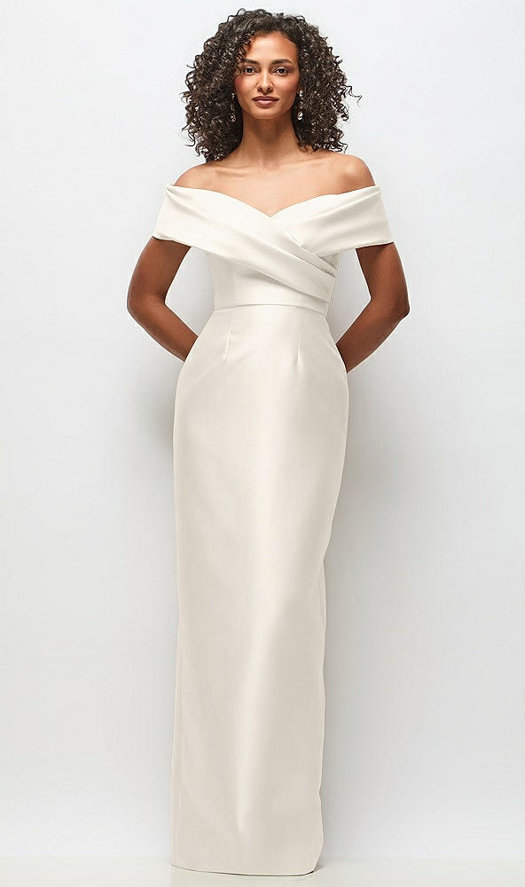 Front View - Ivory Draped Wrap Off-the-Shoulder Satin Column Floral Maxi Dress