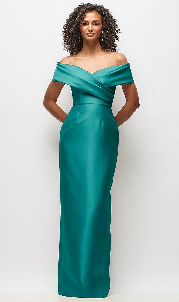 Front View - Jade Draped Wrap Off-the-Shoulder Satin Column Floral Maxi Dress
