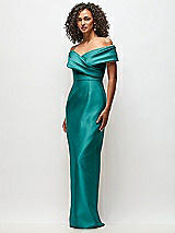 Side View Thumbnail - Jade Draped Wrap Off-the-Shoulder Satin Column Floral Maxi Dress