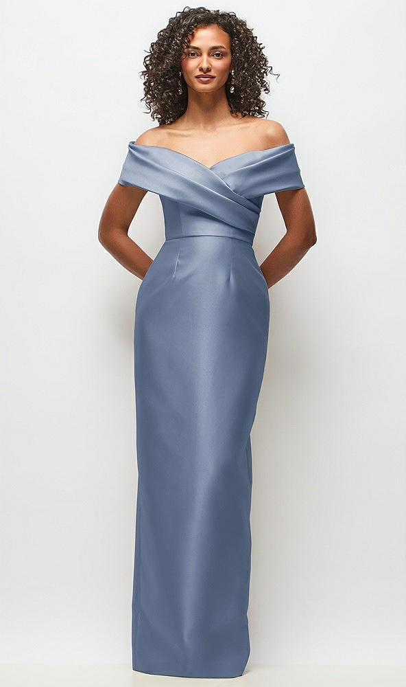 Front View - Larkspur Blue Draped Wrap Off-the-Shoulder Satin Column Floral Maxi Dress
