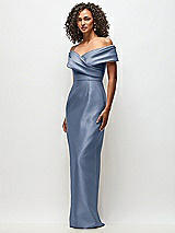 Side View Thumbnail - Larkspur Blue Draped Wrap Off-the-Shoulder Satin Column Floral Maxi Dress