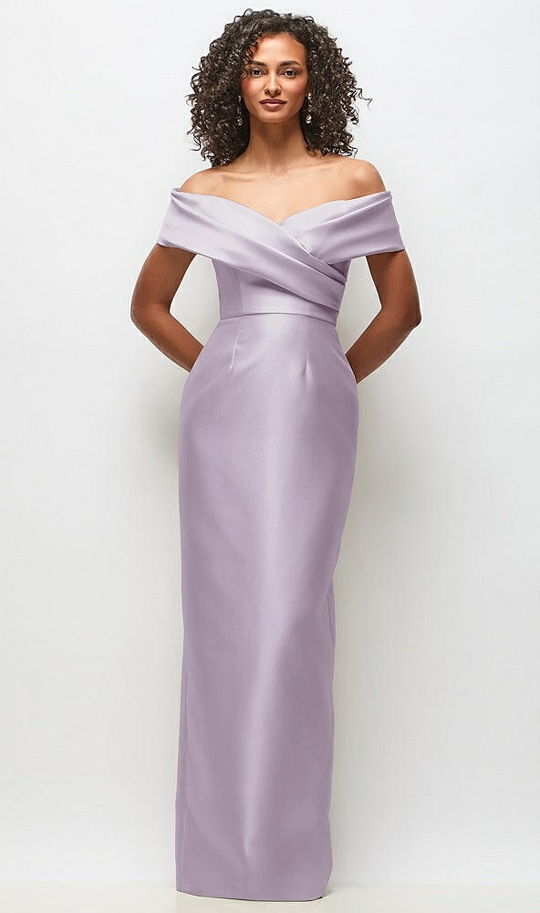 Front View - Lilac Haze Draped Wrap Off-the-Shoulder Satin Column Floral Maxi Dress
