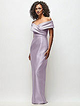 Side View Thumbnail - Lilac Haze Draped Wrap Off-the-Shoulder Satin Column Floral Maxi Dress