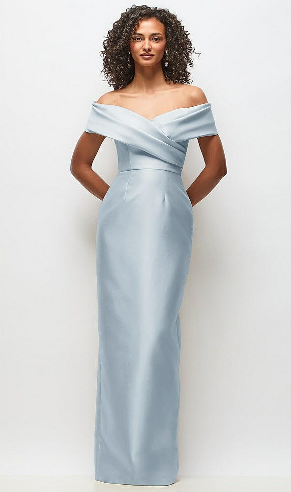 Front View - Mist Draped Wrap Off-the-Shoulder Satin Column Floral Maxi Dress