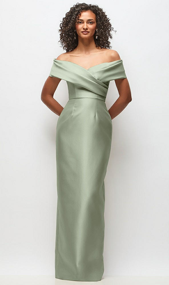 Front View - Sage Draped Wrap Off-the-Shoulder Satin Column Floral Maxi Dress