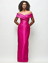 Front View Thumbnail - Think Pink Draped Wrap Off-the-Shoulder Satin Column Floral Maxi Dress