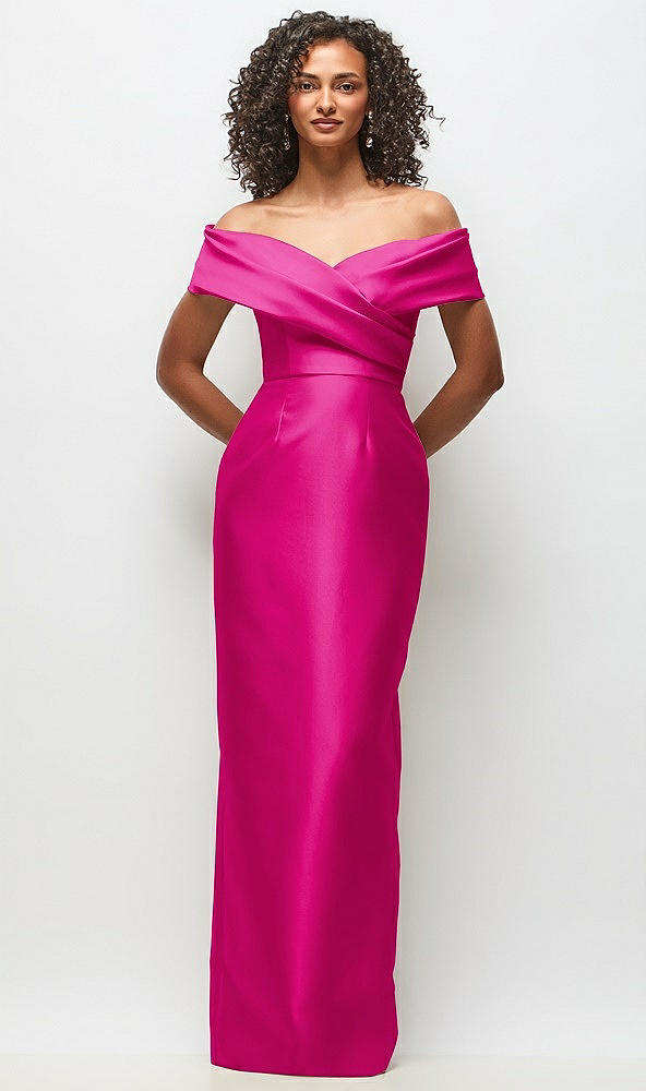 Front View - Think Pink Draped Wrap Off-the-Shoulder Satin Column Floral Maxi Dress
