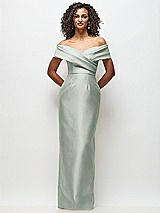 Front View Thumbnail - Willow Green Draped Wrap Off-the-Shoulder Satin Column Floral Maxi Dress