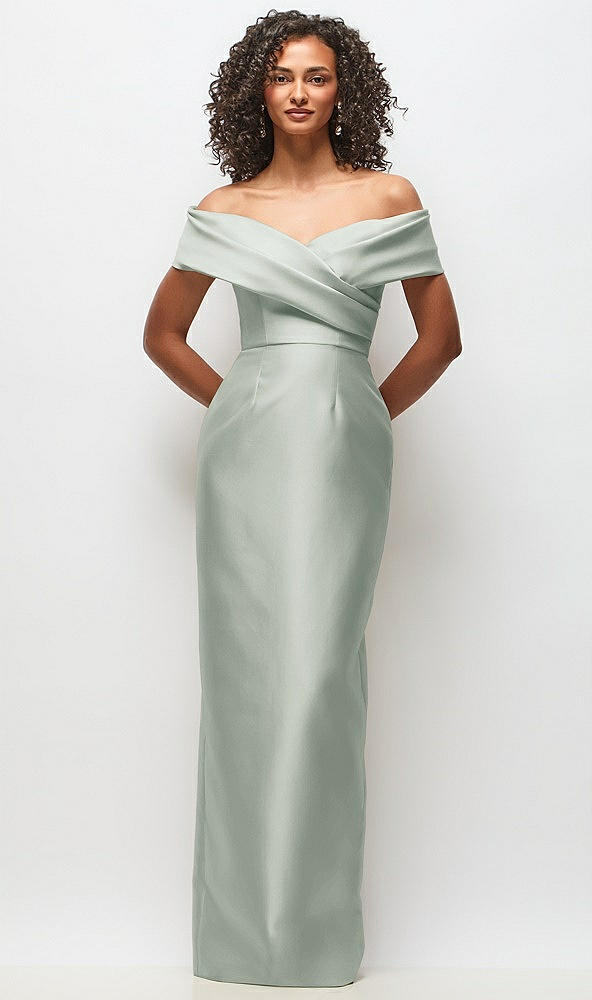 Front View - Willow Green Draped Wrap Off-the-Shoulder Satin Column Floral Maxi Dress