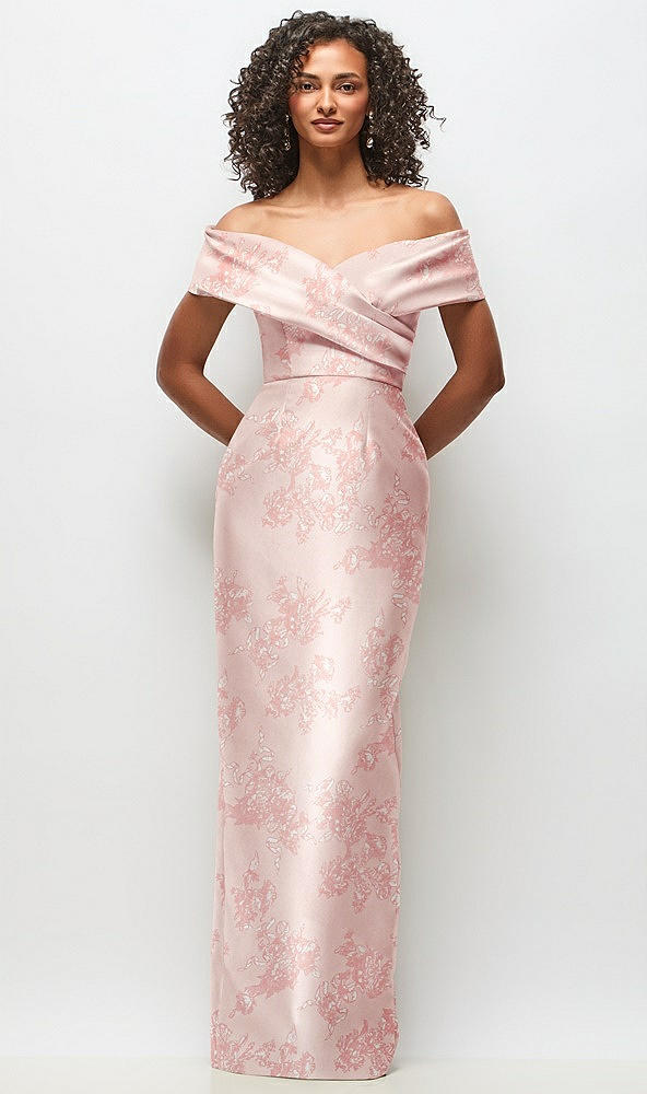 Front View - Bow And Blossom Print Draped Wrap Off-the-Shoulder Satin Column Maxi Dress