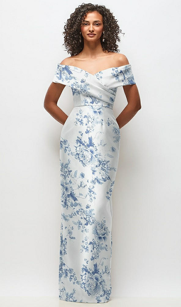 Front View - Cottage Rose Larkspur Draped Wrap Off-the-Shoulder Satin Column Maxi Dress
