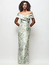 Front View Thumbnail - Sage Cottage Rose Draped Wrap Off-the-Shoulder Satin Column Maxi Dress
