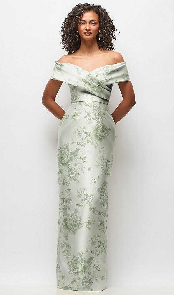 Front View - Sage Cottage Rose Draped Wrap Off-the-Shoulder Satin Column Maxi Dress