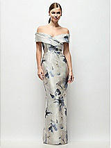 Front View Thumbnail - Inkwash Blue Floral Draped Wrap Off-the-Shoulder Satin Column Maxi Dress