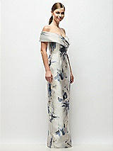 Side View Thumbnail - Inkwash Blue Floral Draped Wrap Off-the-Shoulder Satin Column Maxi Dress